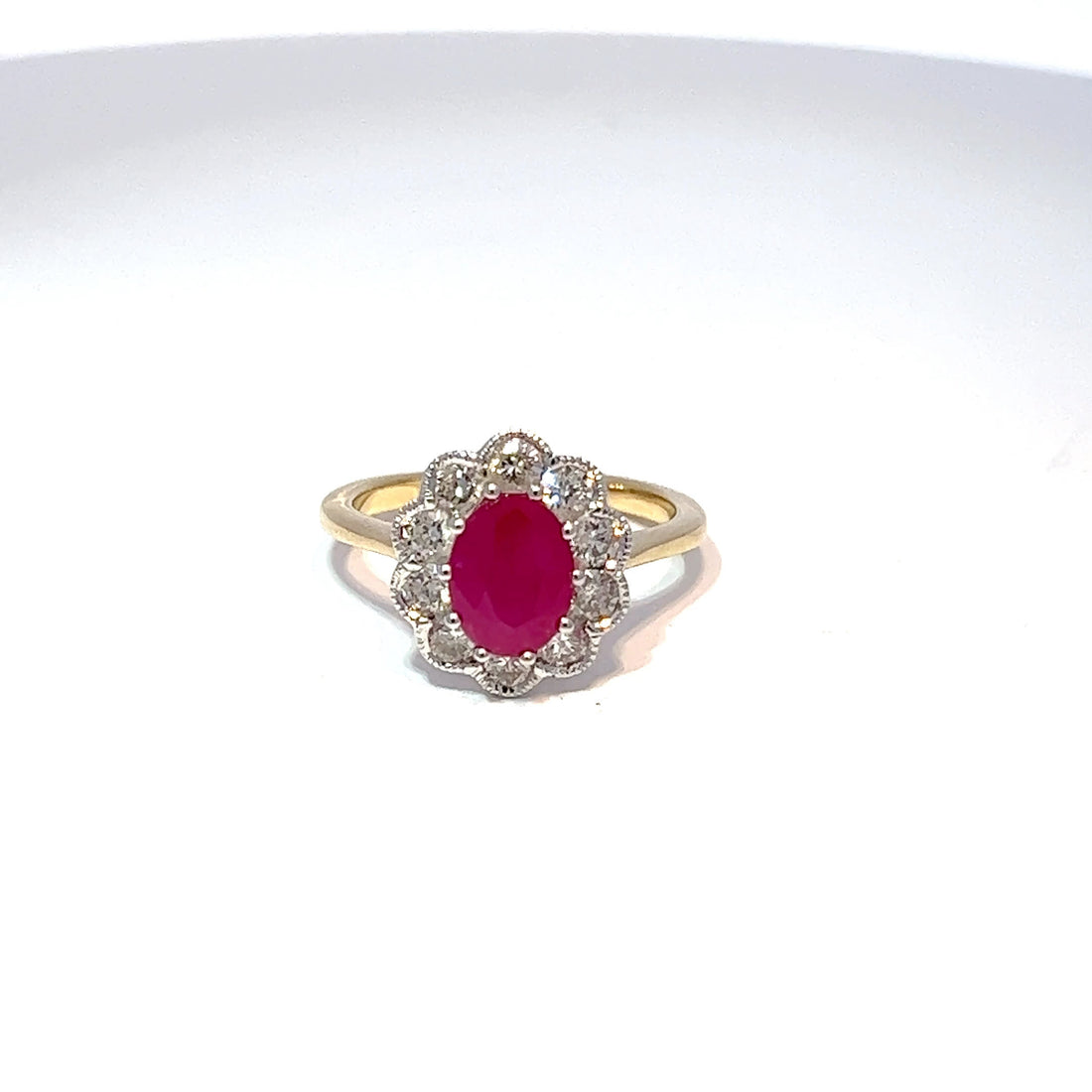 18ct Yellow Gold Ruby & Diamond Halo Ring 
