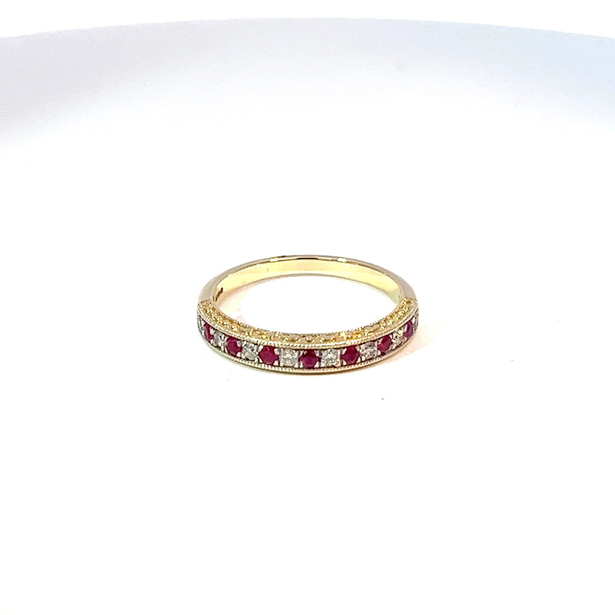 9ct Yellow Gold Ruby & Diamond Millgrain Eternity Band