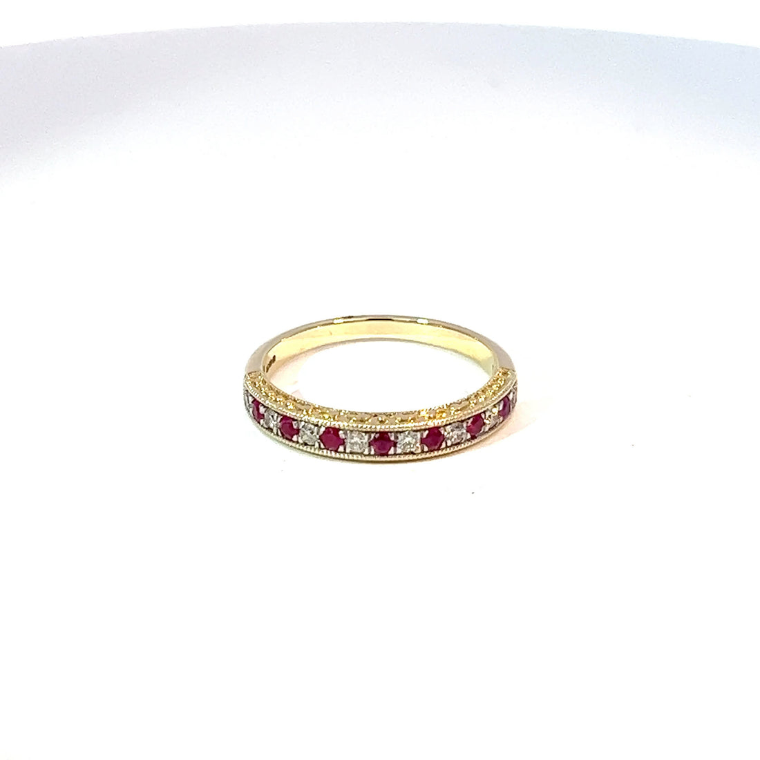 9ct Yellow Gold Ruby & Diamond Millgrain Eternity Band