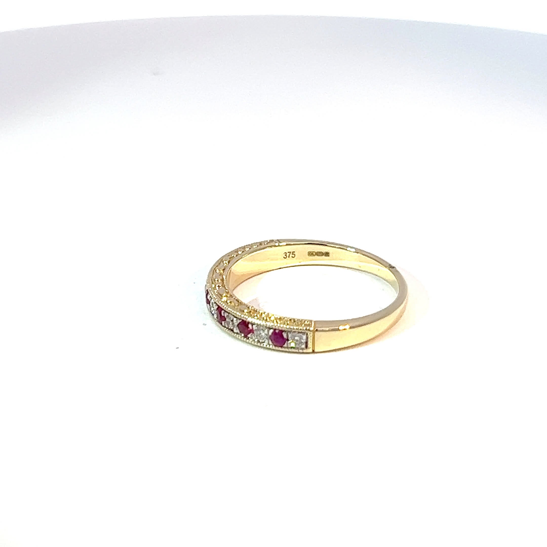 9ct Yellow Gold Ruby & Diamond Millgrain Eternity Band