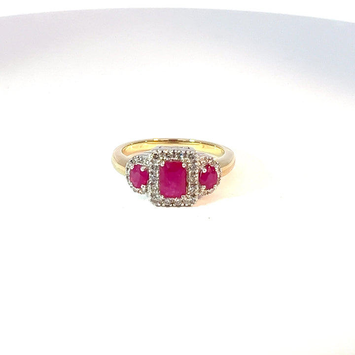 9ct Yellow Gold Ruby & Diamond Trilogy Ring 