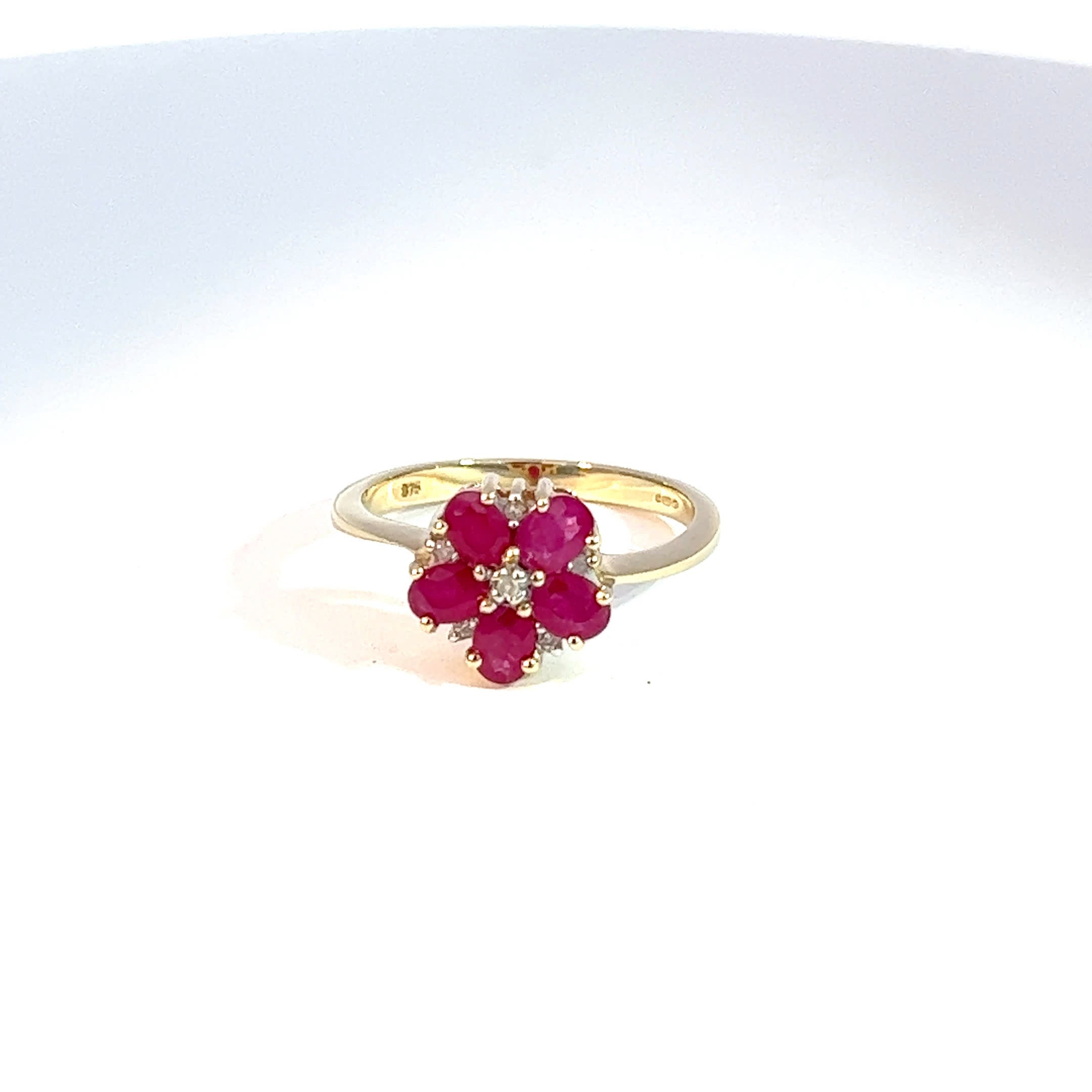 9ct Yellow Gold Ruby & Diamond Flower Ring 