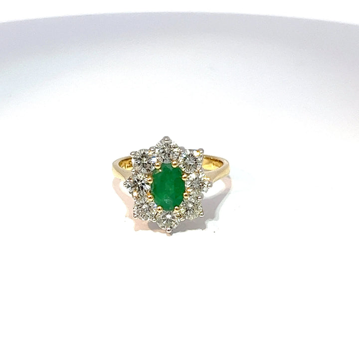 18ct Yellow Gold Oval Emerald & Diamond Ring 