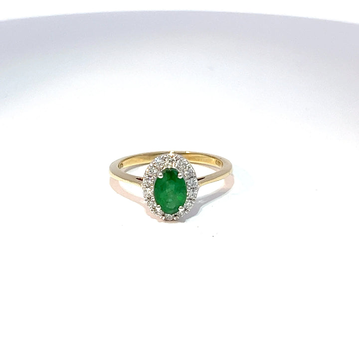9ct Yellow Gold Emerald & Diamond Halo Ring 