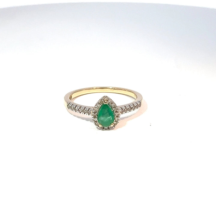 9ct Yellow Gold Pear Emerald & Diamond Halo Ring 