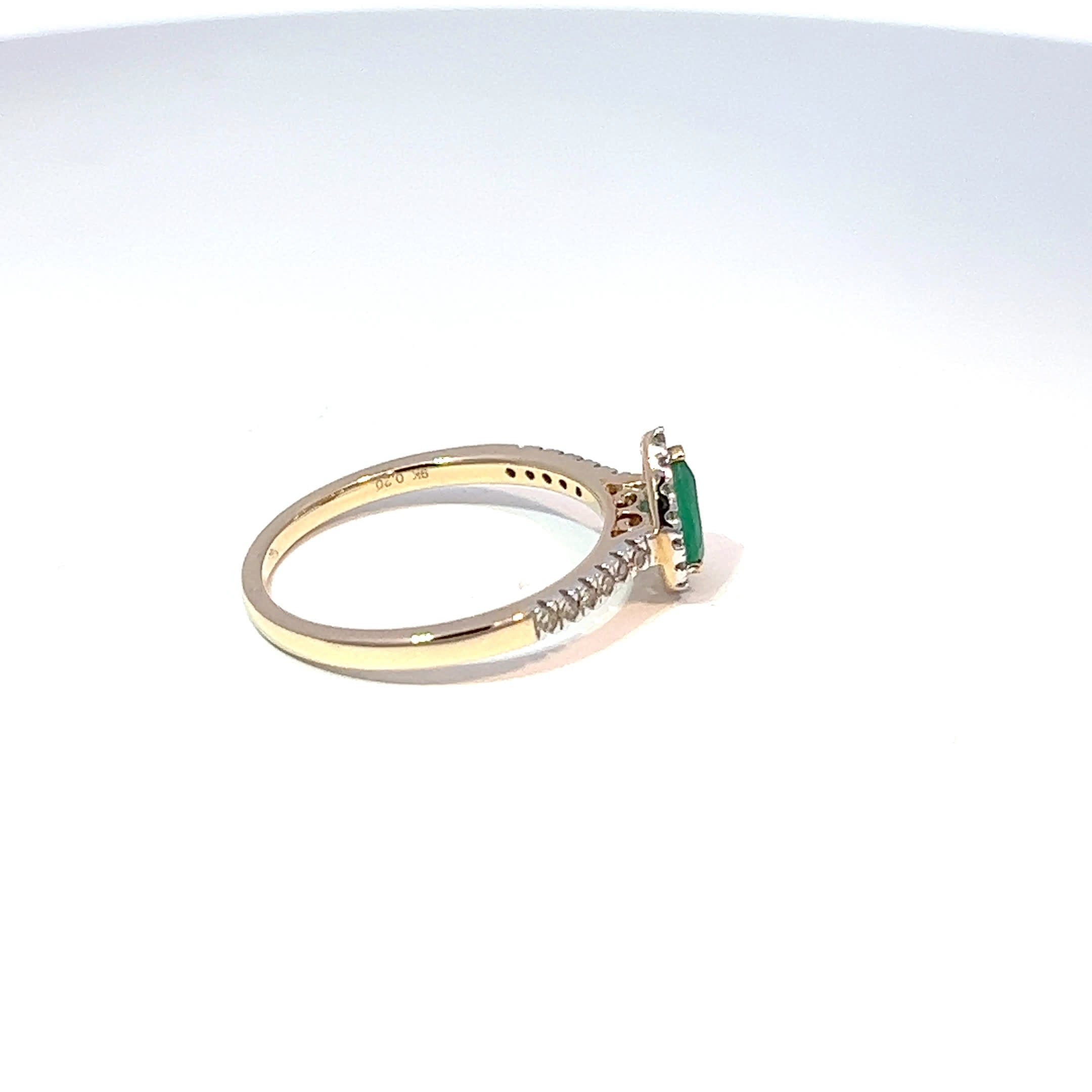 9ct Yellow Gold Pear Emerald & Diamond Halo Ring