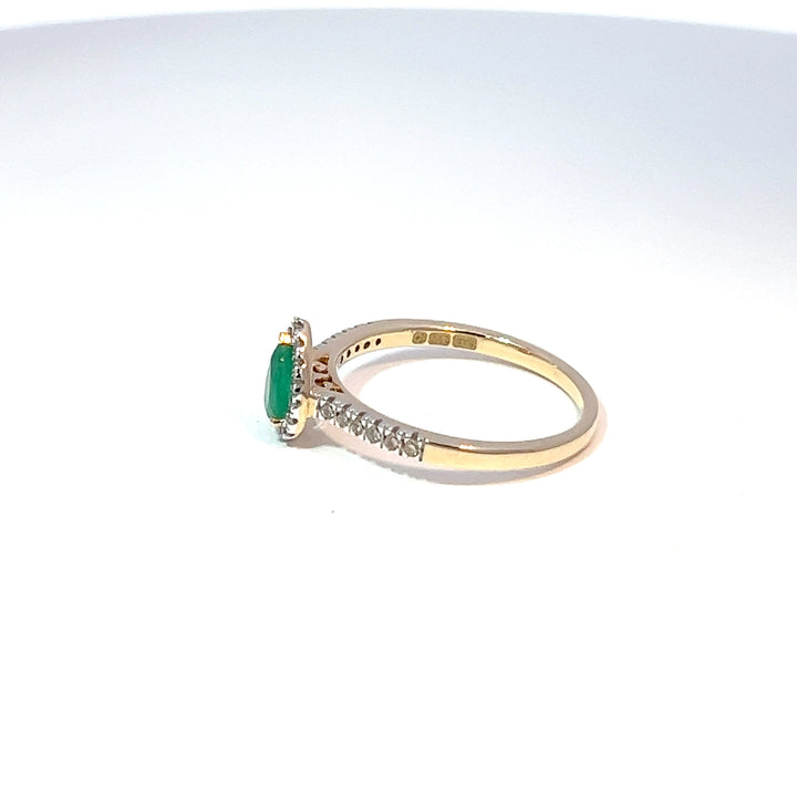 9ct Yellow Gold Pear Emerald & Diamond Halo Ring